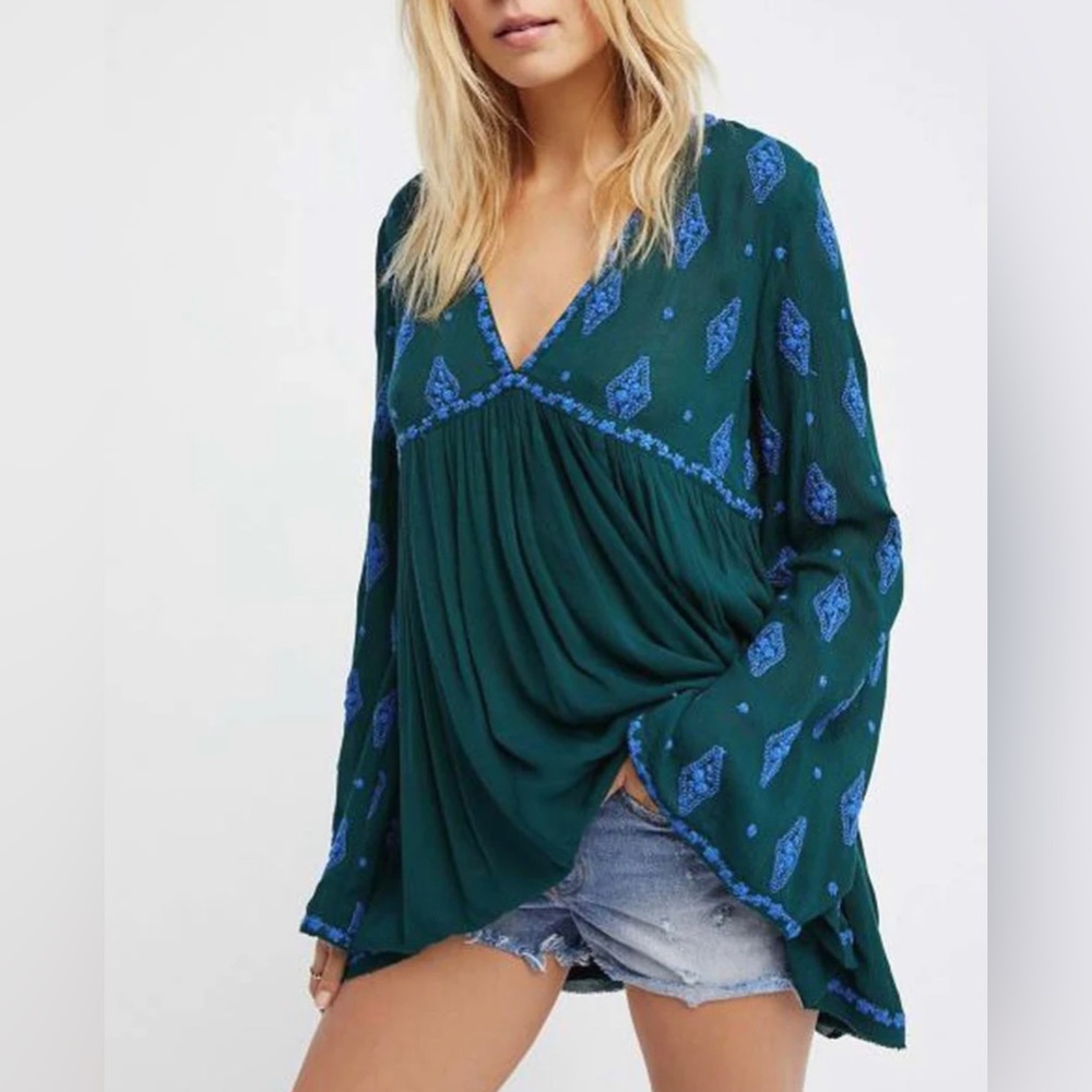 Free people Diamond Embroidered Bell Sleeve Blue teal Tunic oversized Top